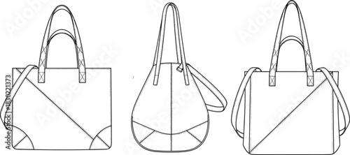 Handbag technical sketch set, three styles, dual handles, shoulder strap, stitching detail, cad drawing flat vector illustration