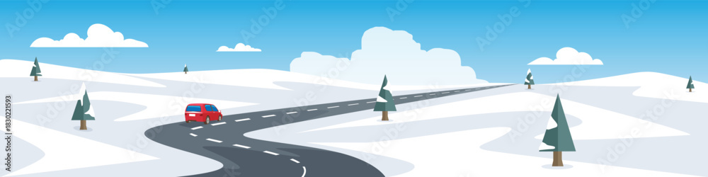 Obraz premium Landscape of red car driving on asphalt curved road. Road that passes through a snow covered path. Trees growing everywhere. Background of blue sky and white clouds.