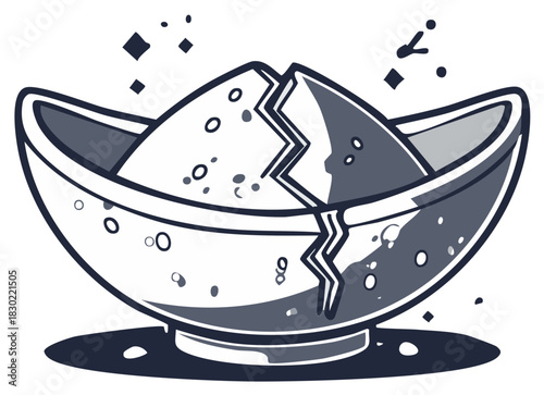 Stylized broken bowl with granular crystalline substance and magical particles illustration