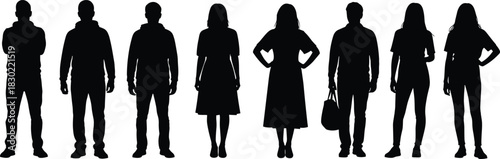 Human silhouette illustration, male female standing poses, posture study, fashion reference, cad drawing flat vector illustration