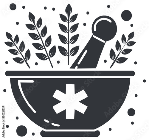 Medical illustration featuring mortar and pestle with leaves, pharmacy logo design