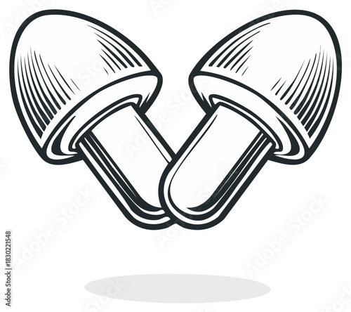 Vintage illustration of two crossed magic mushrooms in a black and white engraving style