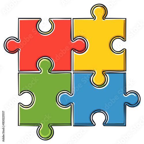 Colorful Puzzle Pieces Connected Forming a Square, Hand-Drawn Style, Teamwork, Cooperation