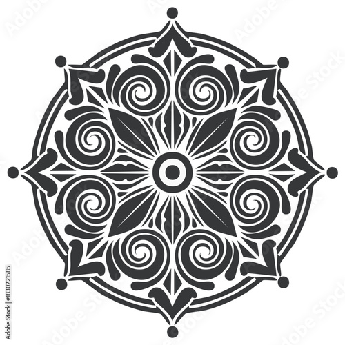 Circular ornate floral design with symmetrical swirls and patterns, isolated