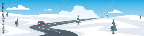 Landscape of red car driving on asphalt curved road. Road that passes through a snow covered path. Trees growing everywhere. Background of blue sky and white clouds.