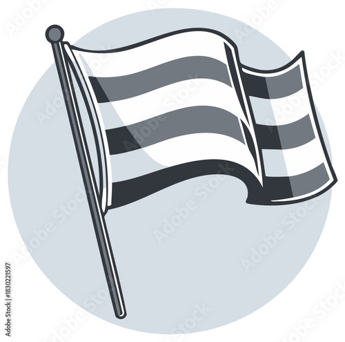 Striped monochrome flag waving on a light blue circle background representing sports or politics emblem