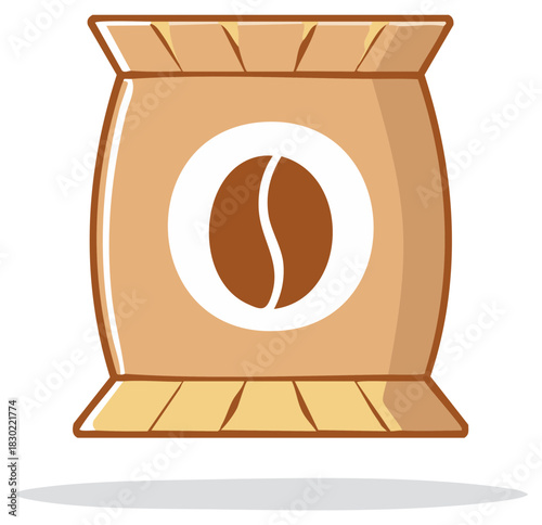 Cartoon illustration of a brown paper coffee bag with a coffee bean logo