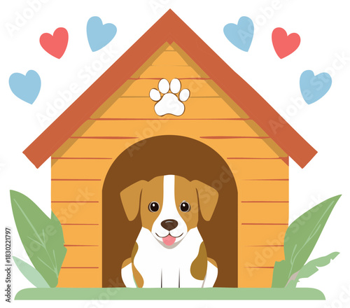Cute Dog in Doghouse with Hearts and Plants Illustration for Pet Lovers and Animal Enthusiasts