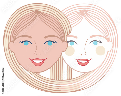 Two Stylized Female Faces Embracing in Heart Shape Outline with Blonde Hair