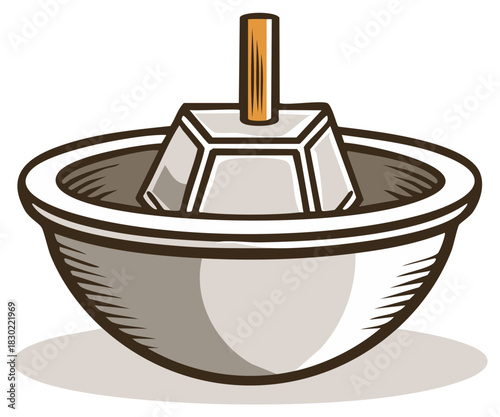 Illustration of a traditional wooden tool for grinding, food preparation, and cooking