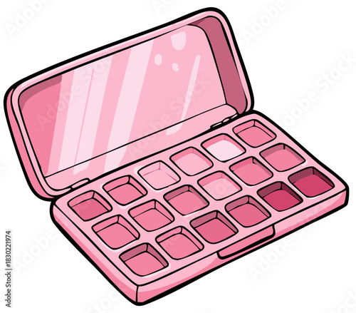 Pink eyeshadow palette open with various shades of pink color cosmetics makeup kit vector illustration