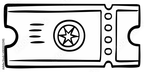 Hand-drawn outline doodle ticket with star symbol and perforations for event admission