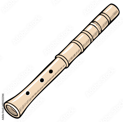 Cartoon Illustration of a Pale Wood Color Flute Musical Wind Instrument