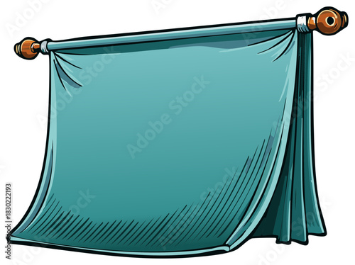 Teal draped fabric banner hanging on a wooden rod with decorative finial ends offering empty space