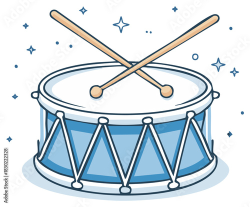 Cartoon blue drum with crossed wooden drumsticks and sparkling stars