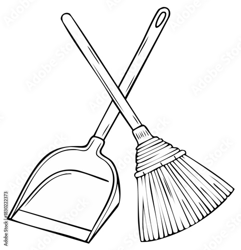Simple Black and White Line Art Illustration Featuring Broom and Dustpan for Cleaning Services and Spring Cleaning Concepts