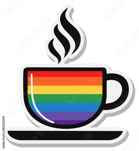 Steaming coffee cup icon with rainbow stripes representing the LGBTQ pride community
