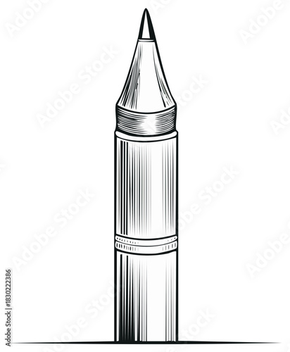 Black and white drawing of a pointed bullet or projectile in a retro engraved illustration style.