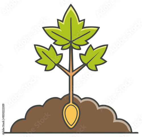 Vibrant cartoon seedling growing in soil with green leaves and visible root system