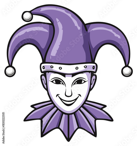 Smiling court jester head in a purple hat and collar vector illustration