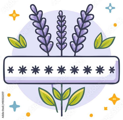 Abstract illustration of password security, lavender flowers, and decorative elements.