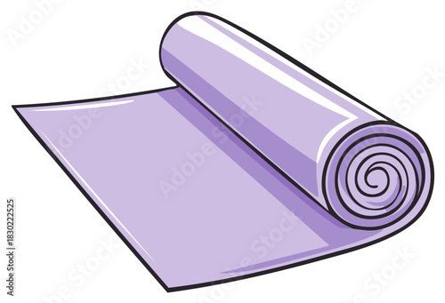 Simple vector illustration of a partially unrolled purple yoga mat for fitness and exercise.