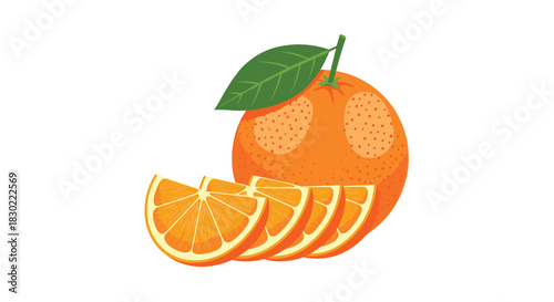 Bright illustration of a whole orange adorned with a green leaf and stem, presented with several freshly cut orange slices on a white background.