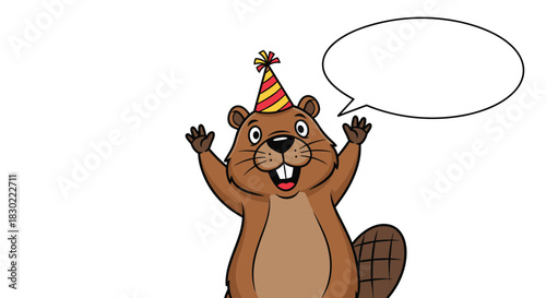An excited cartoon beaver wearing a festive party hat celebrates a special occasion, ready to speak into a speech bubble.