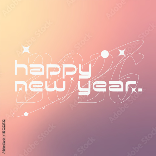 Celestial Futuristic Typography Text of Happy New Year 2026 in Glowing Light Gradient Backdrop in Orange