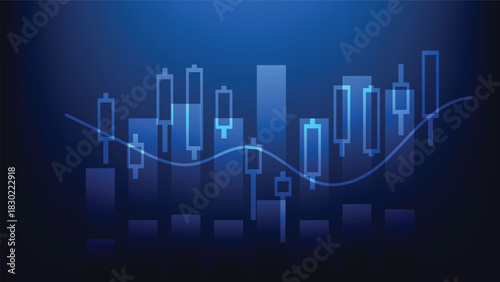 stock market chart. candlesticks and bar graph on blue background. financial and business investment growth data analysis
