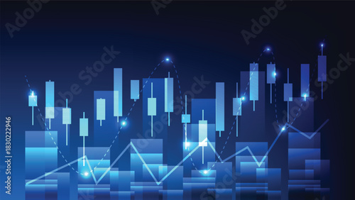 financial business data analysis. stock market trends with candlesticks chart and graphic bar graph on blue background