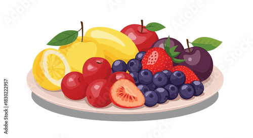 A vibrant assortment of fresh, ripe fruits including lemons, apples, plums, strawberries, and blueberries, artfully arranged on a plate.