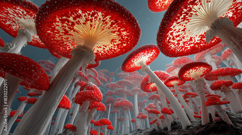 A 1980's horror B-movie poster styled desktop wallpaper features dark psychedelic mushrooms in a trippy illusion with mind-bending scenery, showcasing hyperrealistic mushroom caps rendered