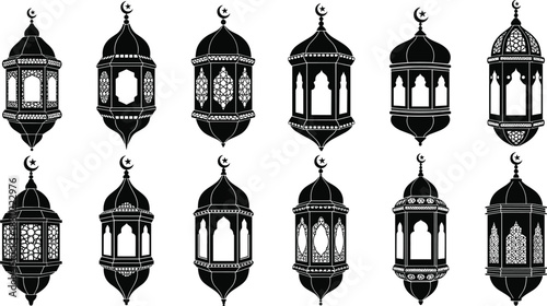 Islamic lantern silhouette set, Ramadan Eid decoration, crescent moon design, ornate vector art, cad drawing flat vector illustration