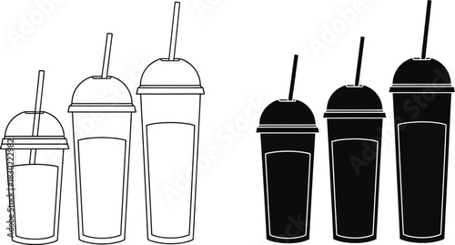 A collection of black and white beverage illustrations with drinking straws