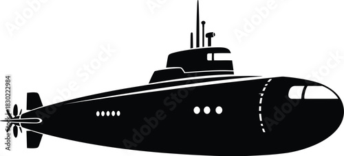 A sleek black silhouette of a submarine gliding through the depths