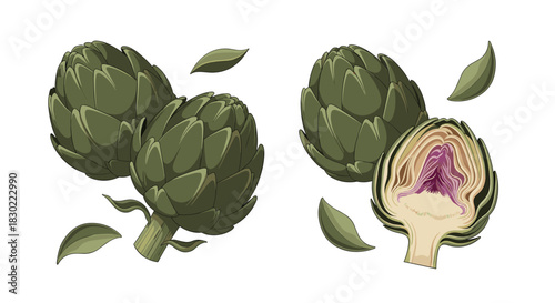 Group of fresh green artichokes, including two whole and one cut in half to show the purple choke and creamy heart, with scattered leaves.