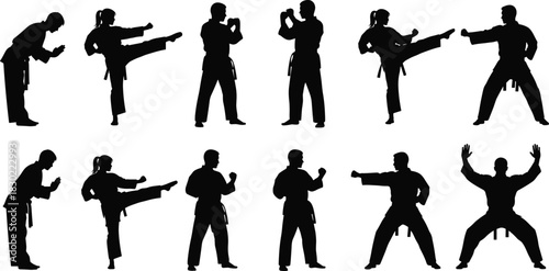 Black Silhouette Martial Arts Poses Vector Set: Karate, Taekwondo, High Kick, Self Defense Training, and Traditional Combat Sports Graphics
