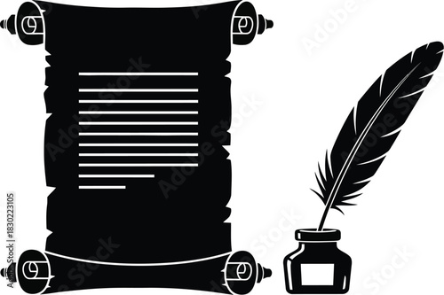 An antique scroll quill and inkwell symbolizing writing and historical documents