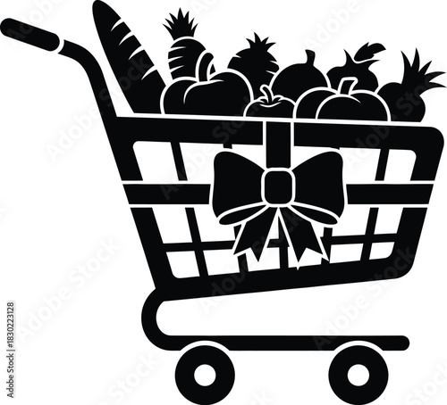 Black and white illustration of a shopping cart filled with produce