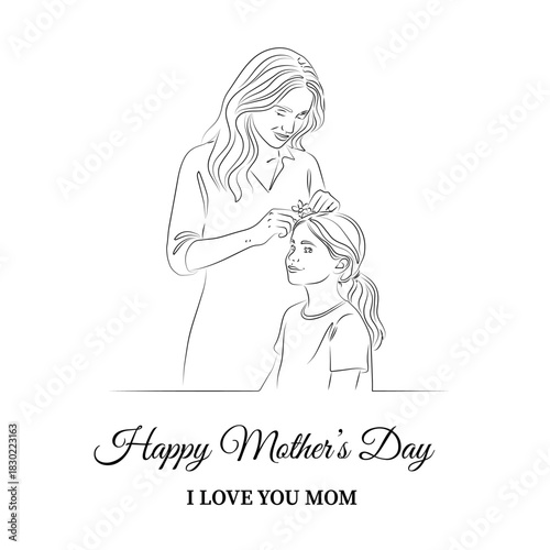 Mother's Day -  Simple line art of a mother tenderly fixing or combing her daughter's hair. Symbolizes care, nurturing, bonding, and precious daily rituals. Ideal for beauty brands