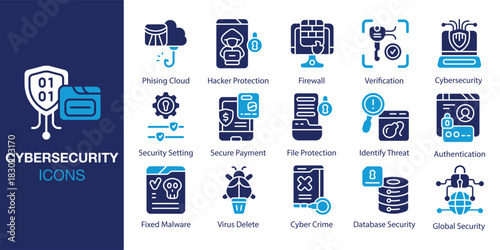 Cybersecurity Icon set. Containing spyware, phishing, trojan, worm, botnet and more. Solid vector icons collection. Vector illustration.
