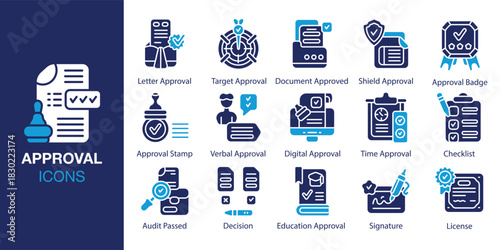 Approval Icon set. Containing confirm, confirmation, agree, agreement, consent and more. Solid vector icons collection. Vector illustration.