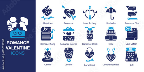 Romance Valentine Icon set. Containing couple, date, candlelight, bouquet, rose and more. Solid vector icons collection. Vector illustration.