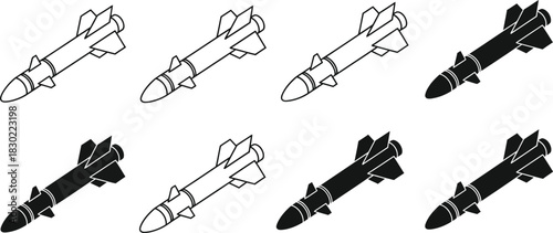 Collection of black and white line art illustrations depicting various missiles
