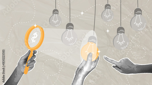 Identifying and developing profitable ideas. A trendy halftone collage. A businessman, using his thinking, finds a brilliant idea. Invention concept, successful choice, winner, analysis