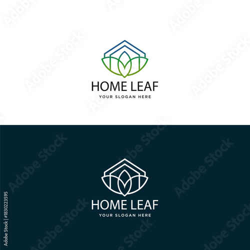 Simple fresh leaf and house for eco green home farm plant cultivation logo design