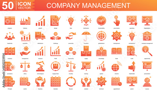 Company management icon collection set. Containing program, Industry, growth, design, Idea, distribution icon