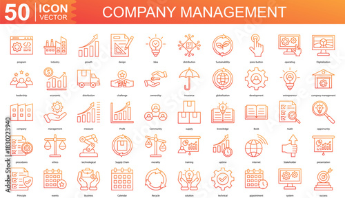 Company management icon collection set. Containing program, Industry, growth, design, Idea, distribution icon