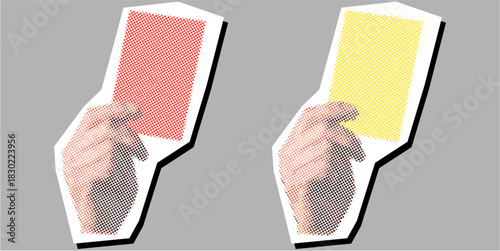 Red and Yellow Card Halftone Dotted Collage Element Pointillize in Paper Torn Vector Ideal for sport rules, refereeing, and abstract graphic designs. Symbolizes penalty, warning, sanction, and pop art